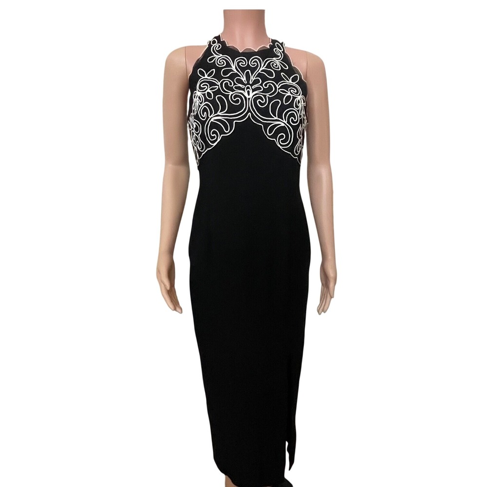 Scott McClintock Rayon Maxi Dress Black White Soutache Open Back Formal Gown 10P